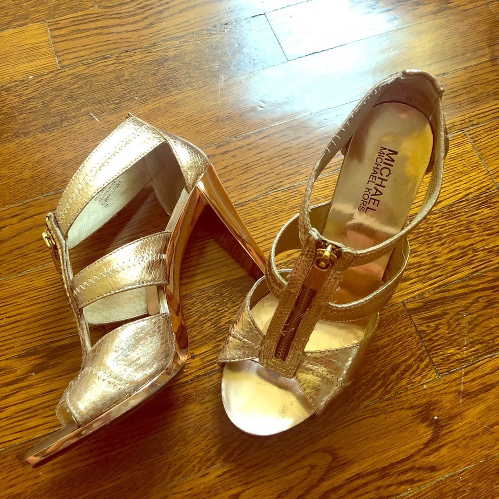 Rose Gold Michael Kors Berkley T strap heels